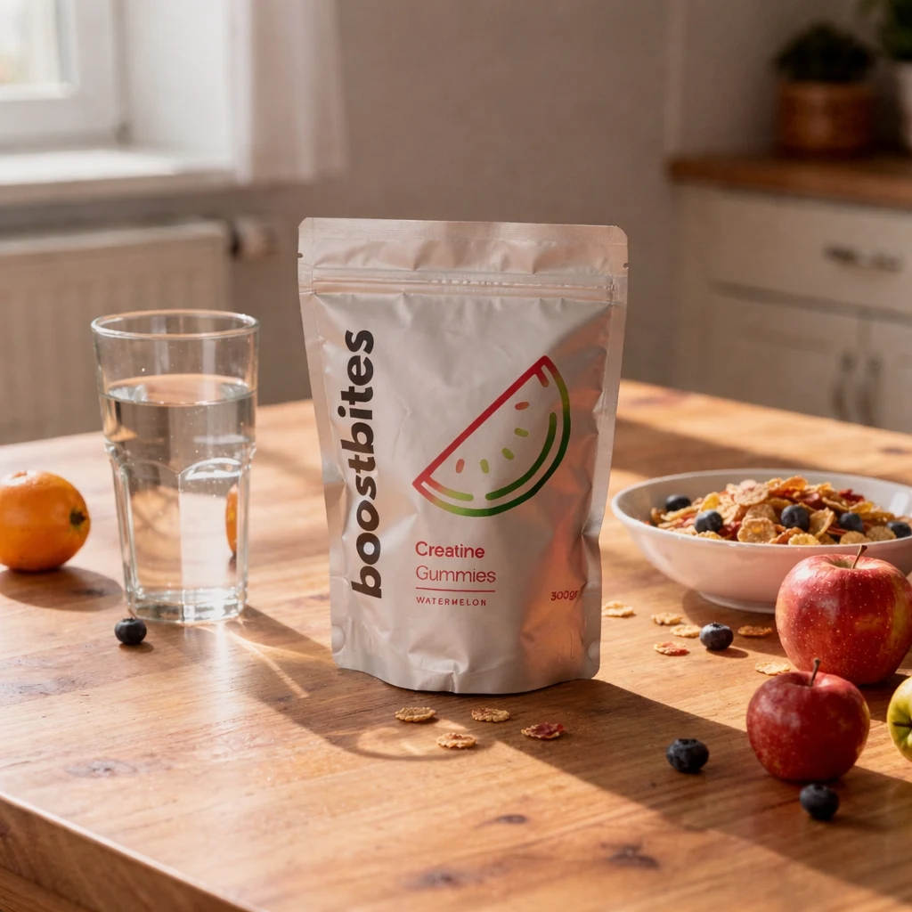 BoostBites Kreatin Gummies Wassermelone auf Frühstückstisch – einfache Tagesroutine