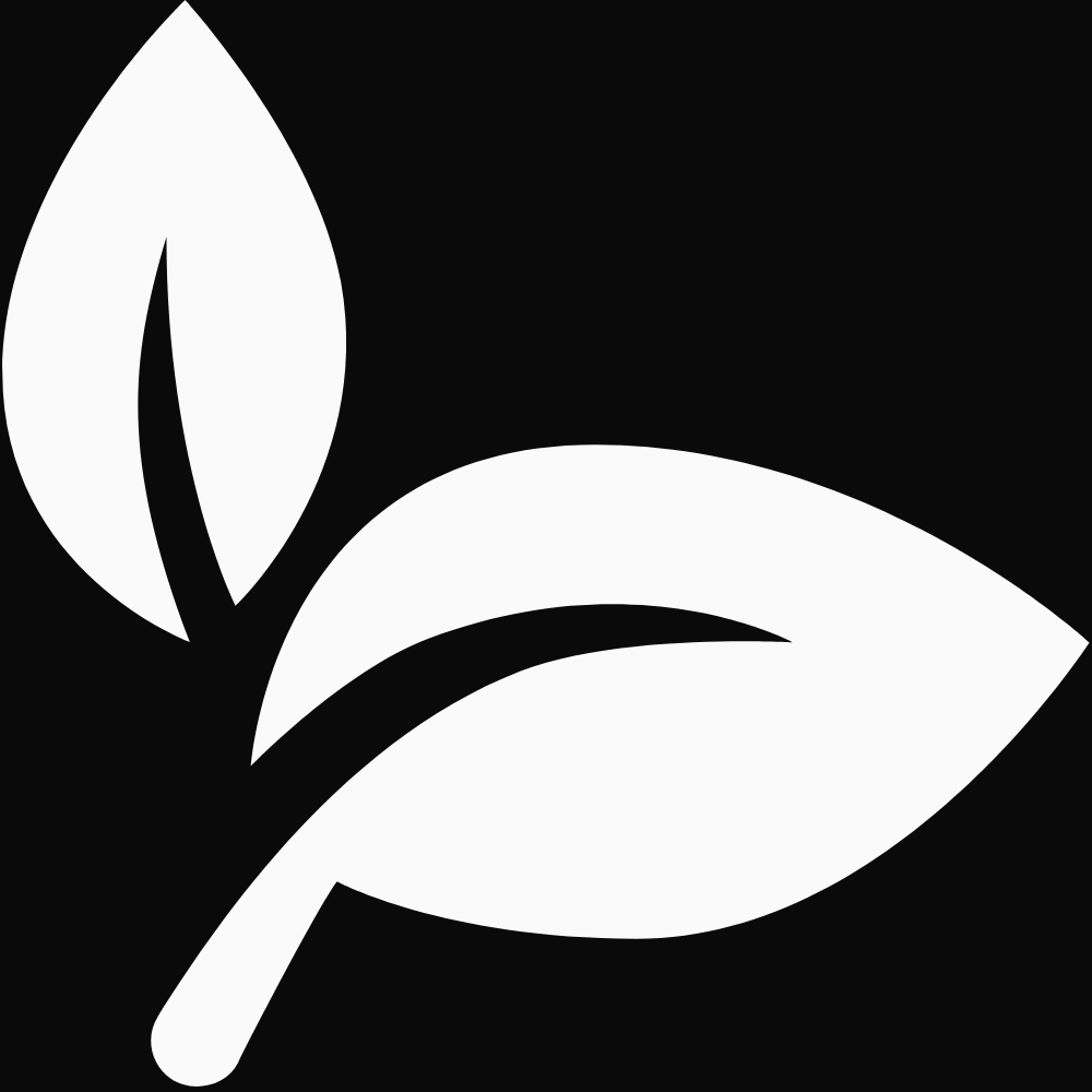Simple white leaf icon on a black background.