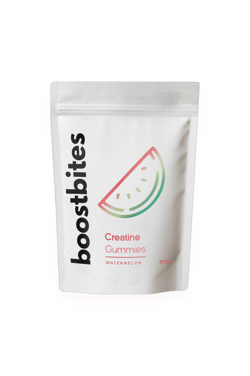 White pouch labeled 'boostbites Creatine Gummies Watermelon' with a watermelon slice illustration.