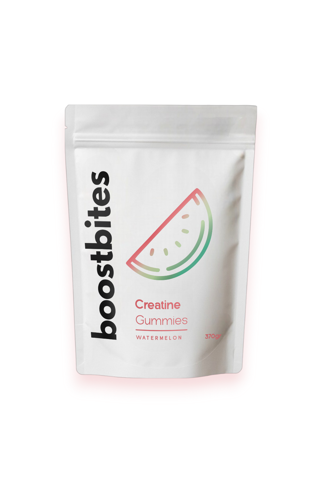 Weißer Beutel mit der Aufschrift "boostbites Creatine Gummies Watermelon" und einer Abbildung einer Wassermelonenscheibe.