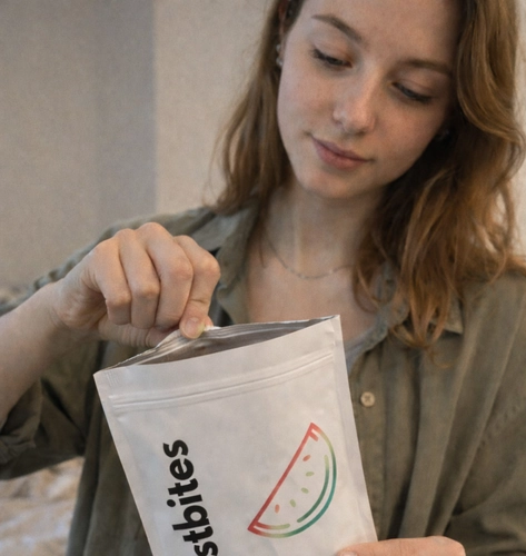 Frau öffnet BoostBites Kreatin Gummies Beutel – einfache Einnahme ohne Vorbereitung