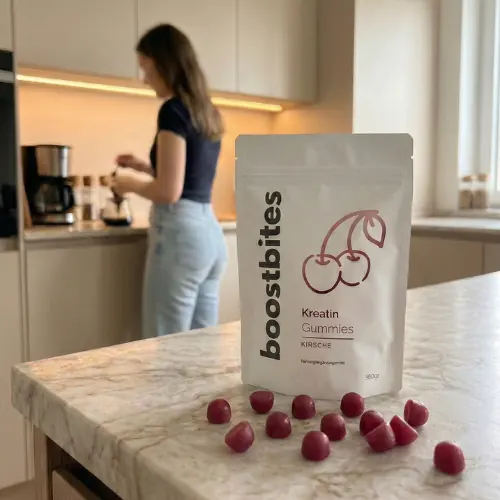 BoostBites Kreatin Gummies Kirsche auf Küchentheke – Alltag und Morgenroutine