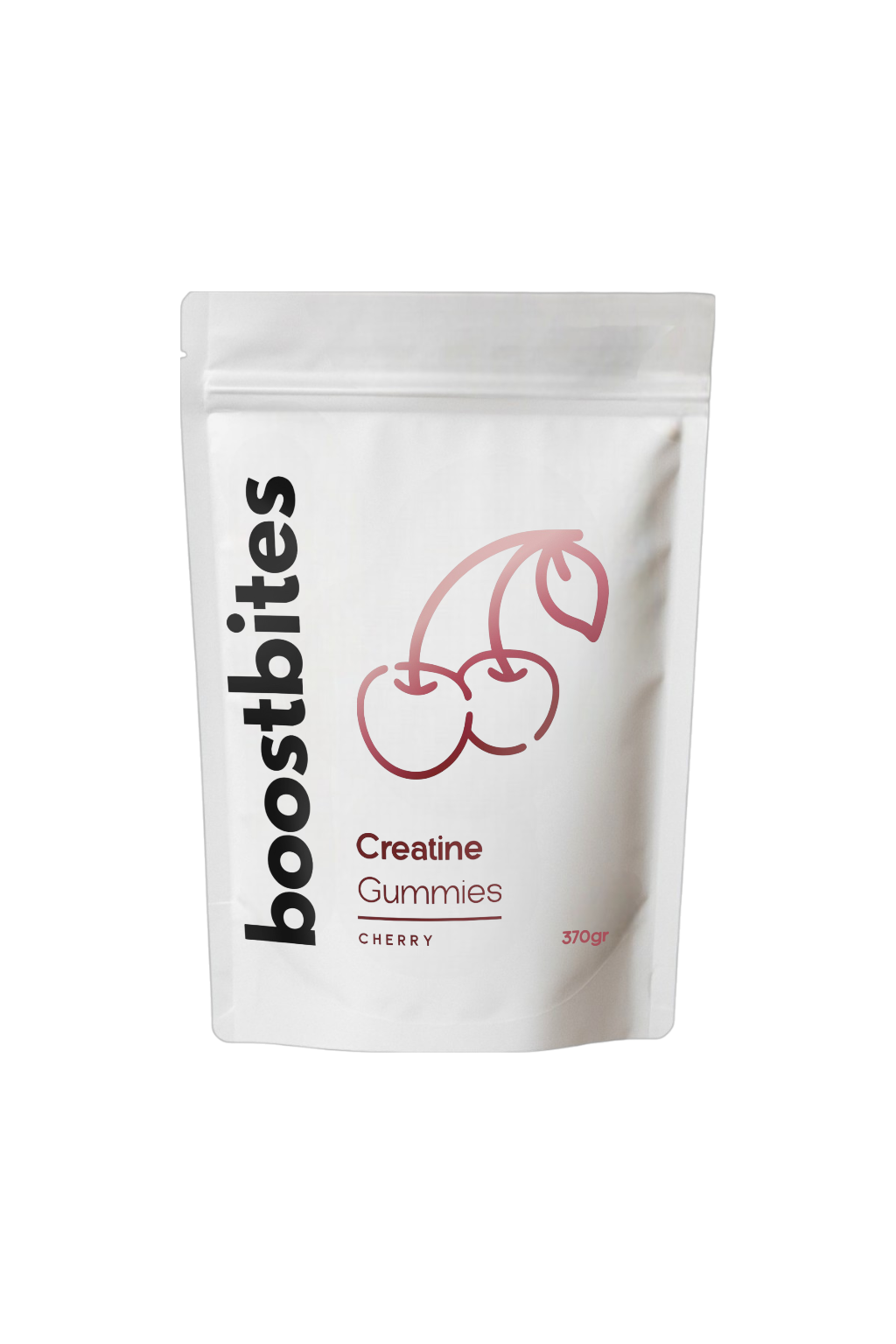 White pouch labeled 'boostbites Creatine Gummies Cherry' with cherry illustration.