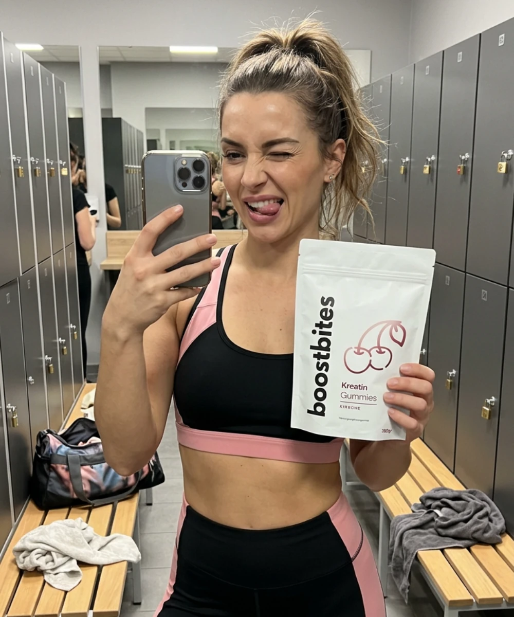 Frau hält BoostBites Kreatin Gummies nach dem Training – Umkleidekabine, Fitnessstudio