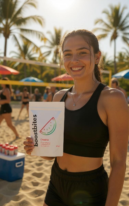Lächelnde Person mit einer Produkttasche an einem sonnigen Strand mit Palmen.
