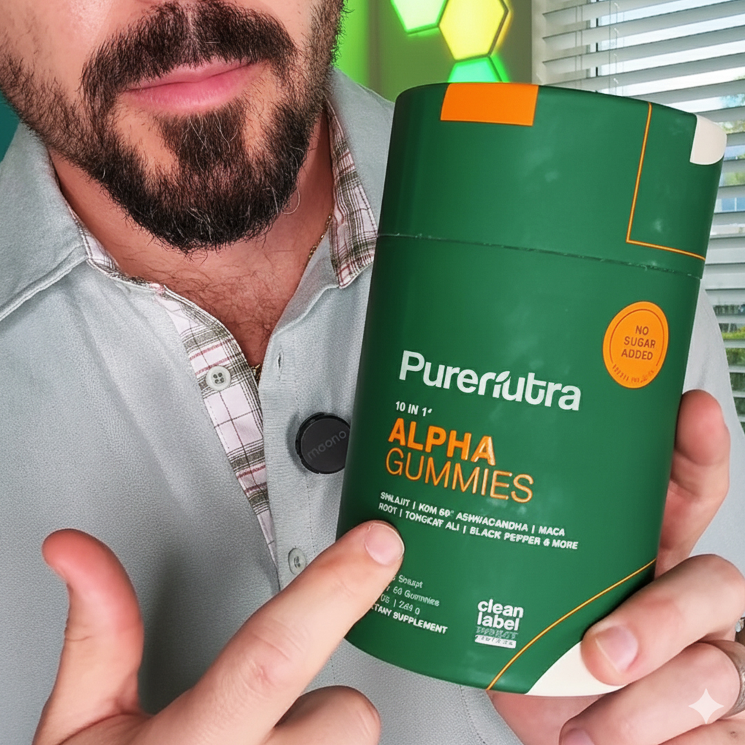 Person holding a container of PureNutra Alpha Gummies.