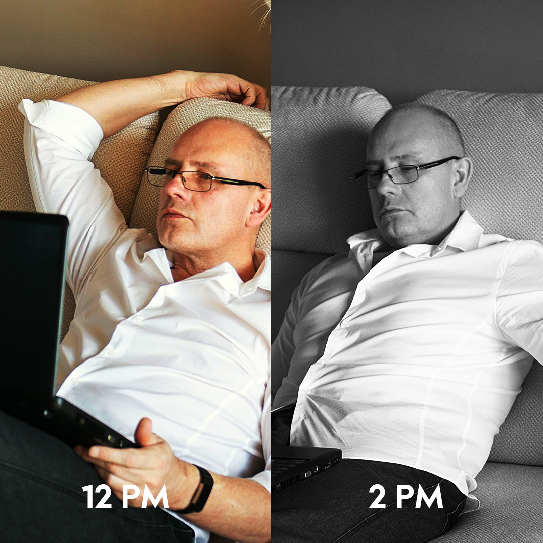Man using a laptop, then napping, at 12 PM and 2 PM.