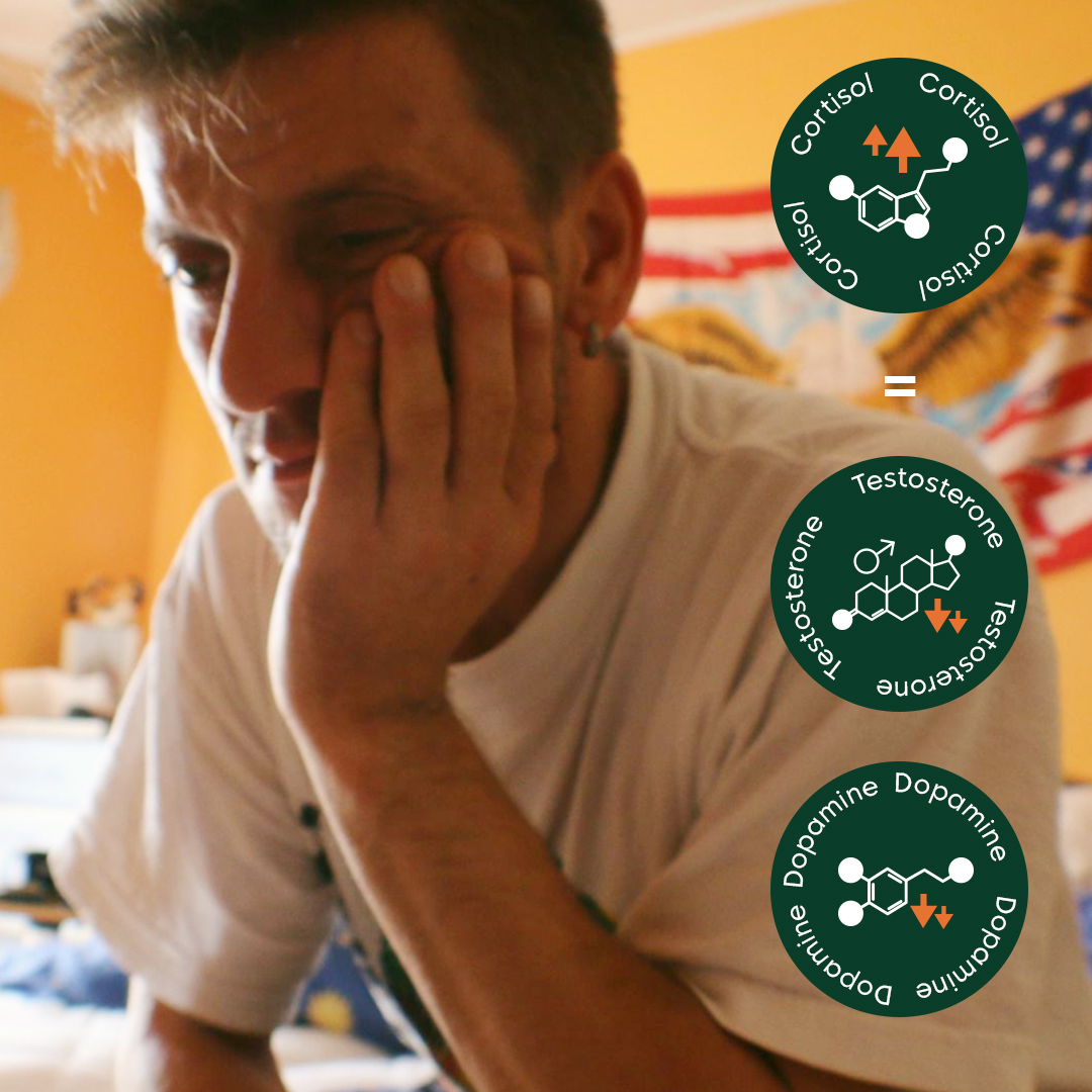 Person looking pensive with three chemical diagrams on the side.