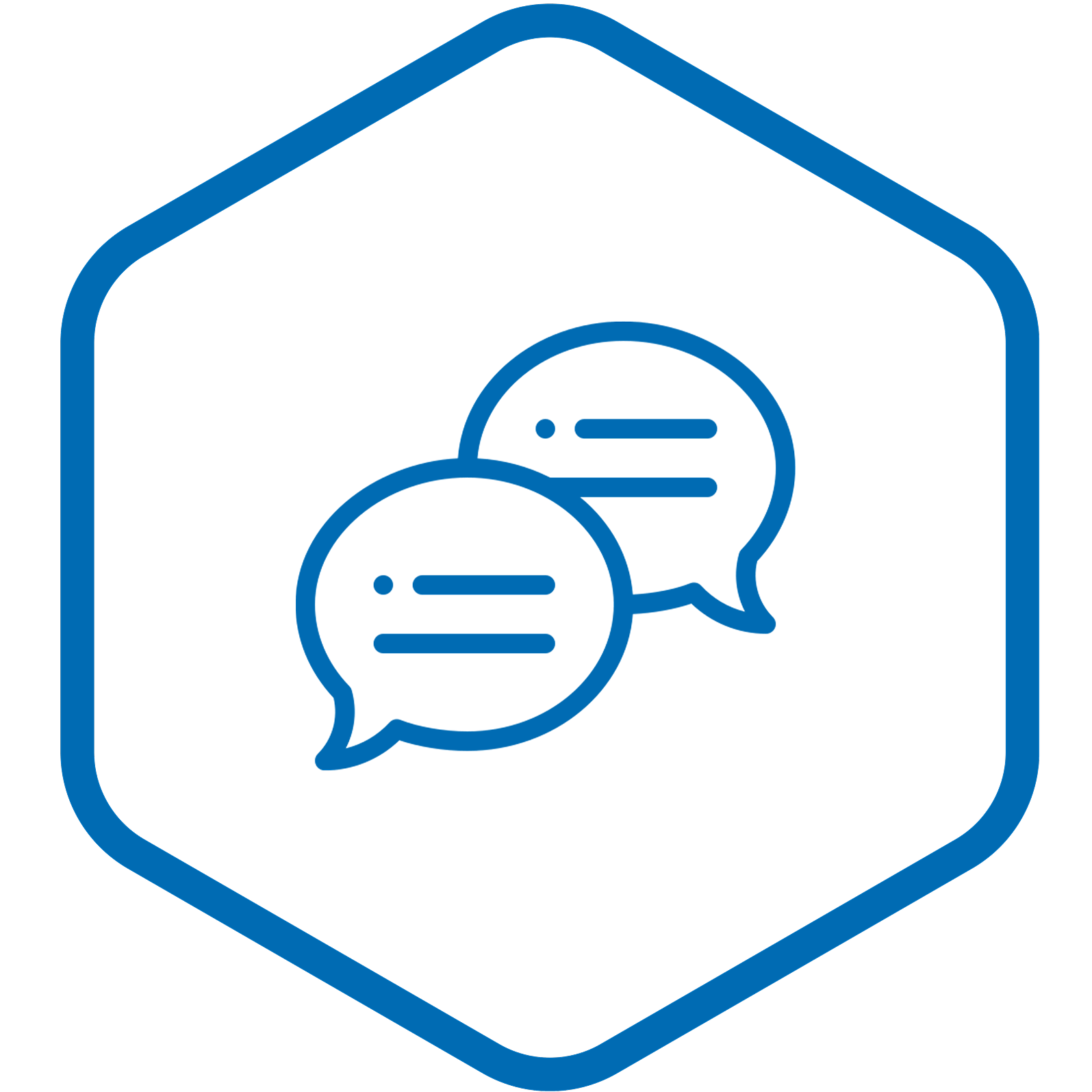 Blue hexagon with two speech bubbles inside.