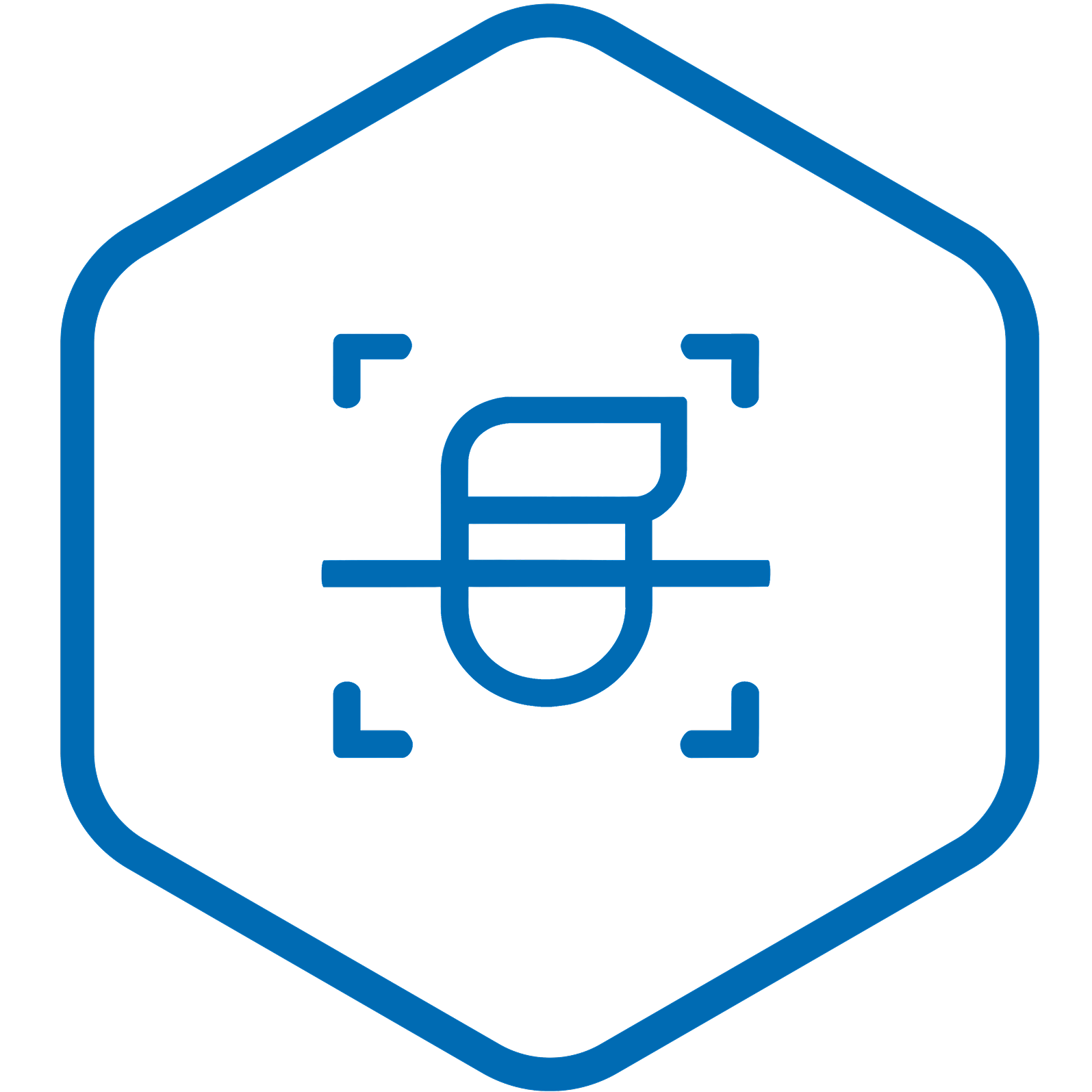 Blue hexagon with a stylized letter inside, resembling a logo.