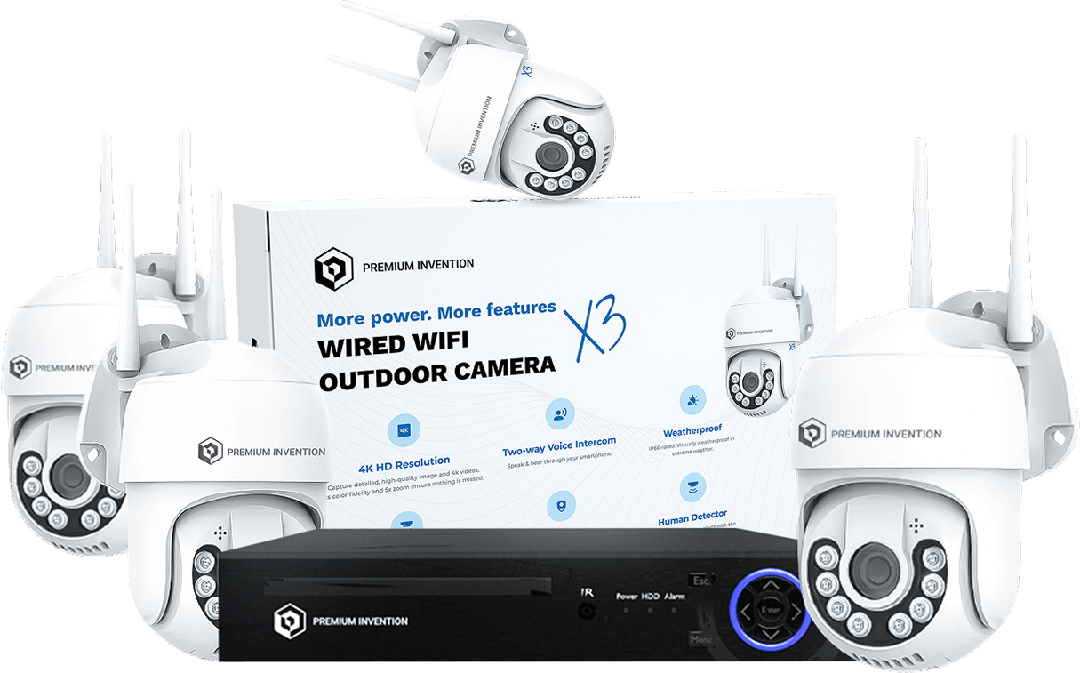 Wired WIFI outdoor camera system featuring four Optima X3 Pro cameras and a 4TB NVR for enhanced security monitoring