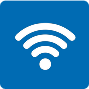White Wi-Fi symbol on a blue square background.