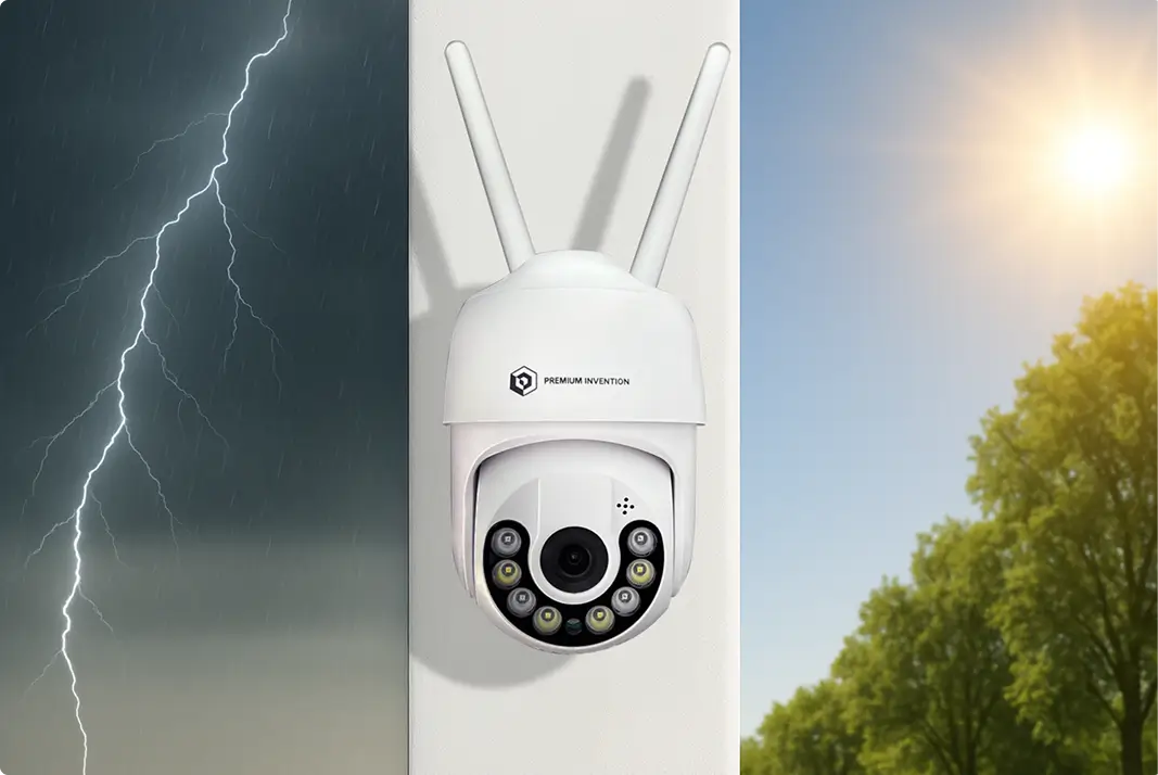 Outdoor security camera with water splashing, mounted on a wall in rainy weather.