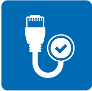 Icon of a network cable with a checkmark on a blue background.