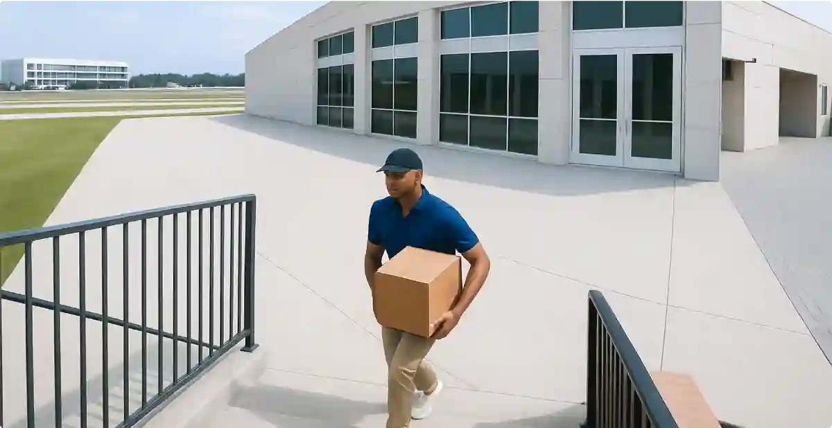 A man carefully carries a box while climbing a stairway.