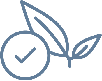 Blue outline of a checkmark and two leaves.
