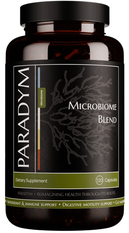 Bottle of 'Microbiome Blend' dietary supplement with 120 capsules.
