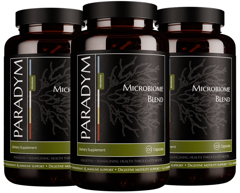 Three dark brown supplement bottles labeled 'Microbiome Blend'.
