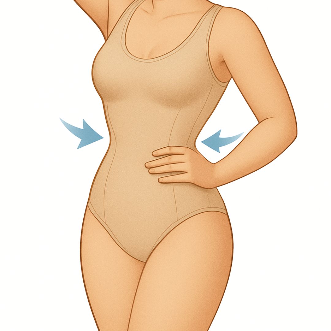 Illustration of a person wearing a beige bodysuit with arrows indicating waist shaping.