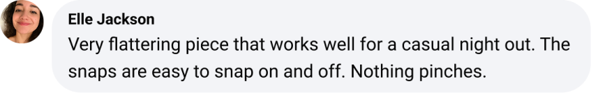 Profile picture and review text about a flattering piece for a casual night out.