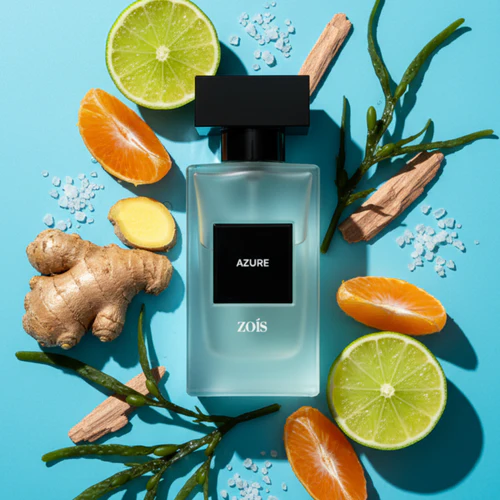 Perfume bottle surrounded by citrus slices, ginger, and herbs on a blue background.