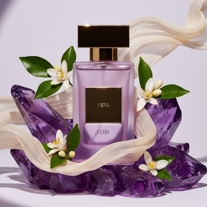 Purple perfume bottle surrounded by flowers and crystals.