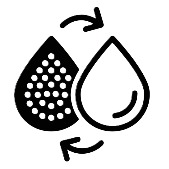 An icon showing a droplet with particles transforming into a clean droplet, symbolizing filtration or purification.
