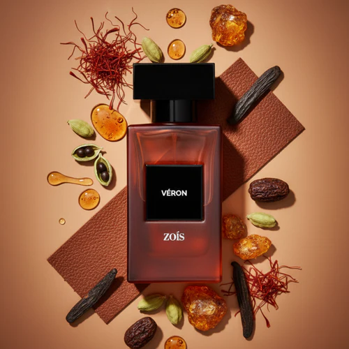Perfume bottle surrounded by spices, amber, and vanilla pods on a brown background.