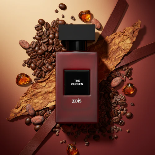 A perfume bottle surrounded by coffee beans, leaves, and amber stones.