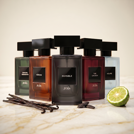 Five multicolored bottles of Zoís perfume on a marble surface with vanilla beans and half a lime.