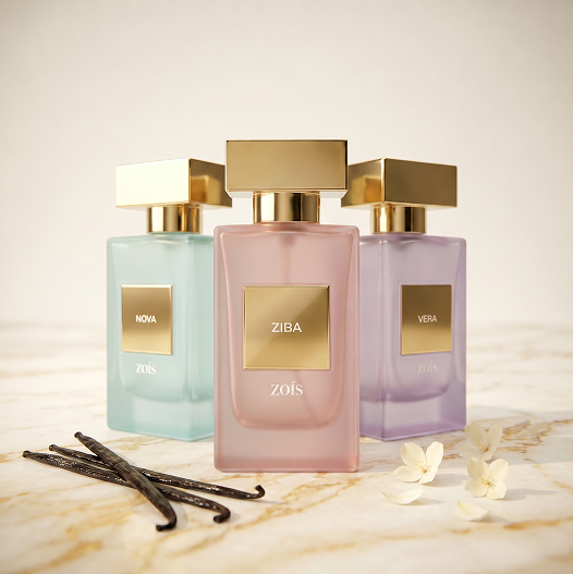 Three pastel-colored perfume bottles with gold caps on a marble surface with vanilla beans and white flowers.