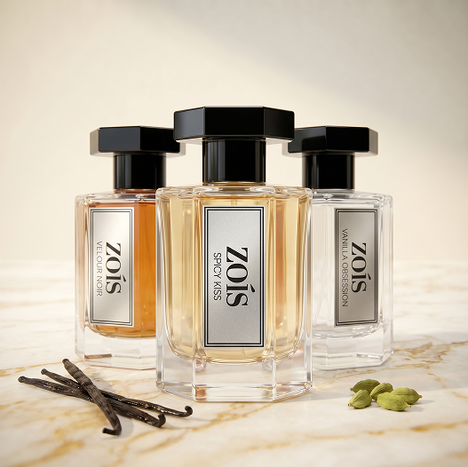 Three bottles of ZOÍS perfume on a marble surface with vanilla beans and cardamom pods.