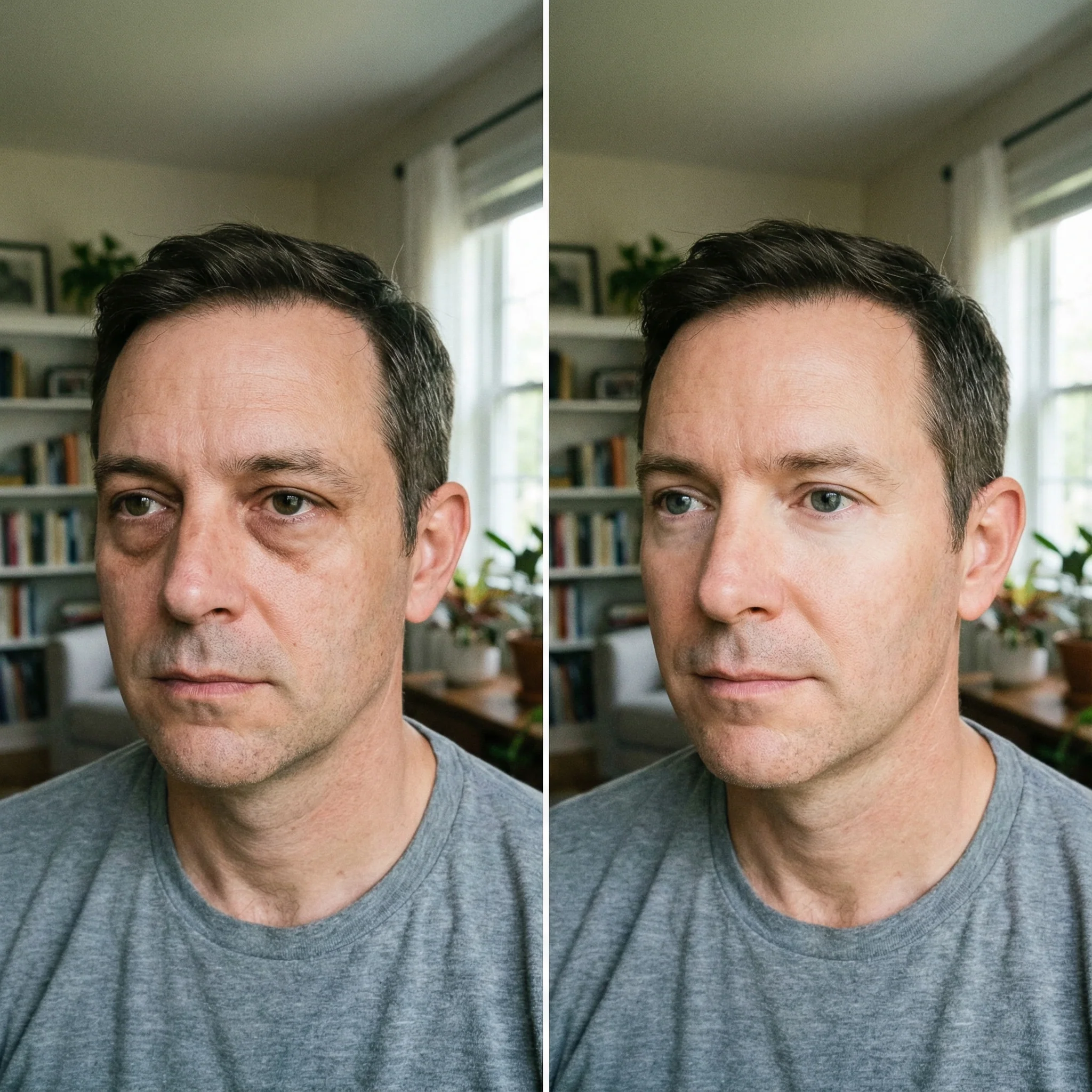 A before-and-after image of a man's face, showing the reduction of under-eye circles through photo retouching.