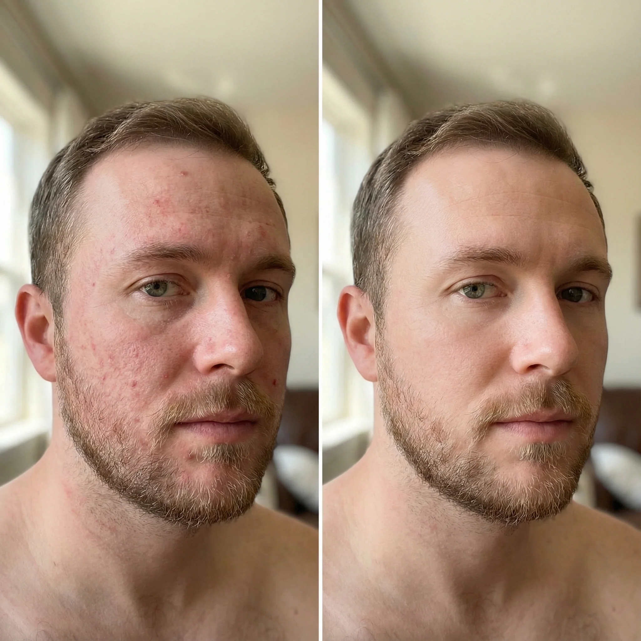 A before-and-after, side-by-side image of a man's face showing a reduction in acne and redness.