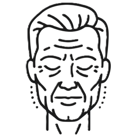 A black and white line drawing of a person's wrinkled face with their eyes closed.