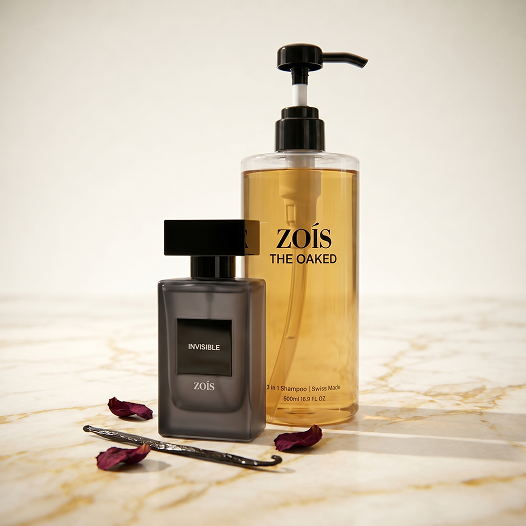 A bottle of perfume and a bottle of shampoo from the brand zoïs on a marble surface.