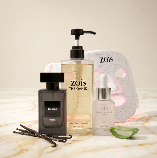 A collection of Zoïs skincare products including perfume, shampoo, serum, and an LED face mask.