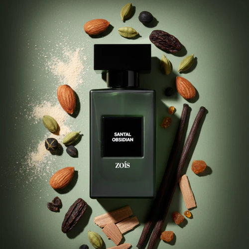 Perfume bottle labeled 'Santal Obsidian' surrounded by spices and nuts on a green surface.