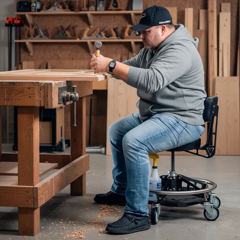 Person seated on a workshop stool, working with materials in a bucket.