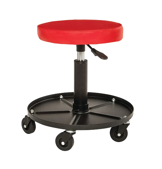 A red and black adjustable rolling shop stool with a tool tray at the base.