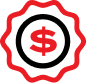 A red icon of a dollar sign inside a wavy, starburst-shaped border on a black background.