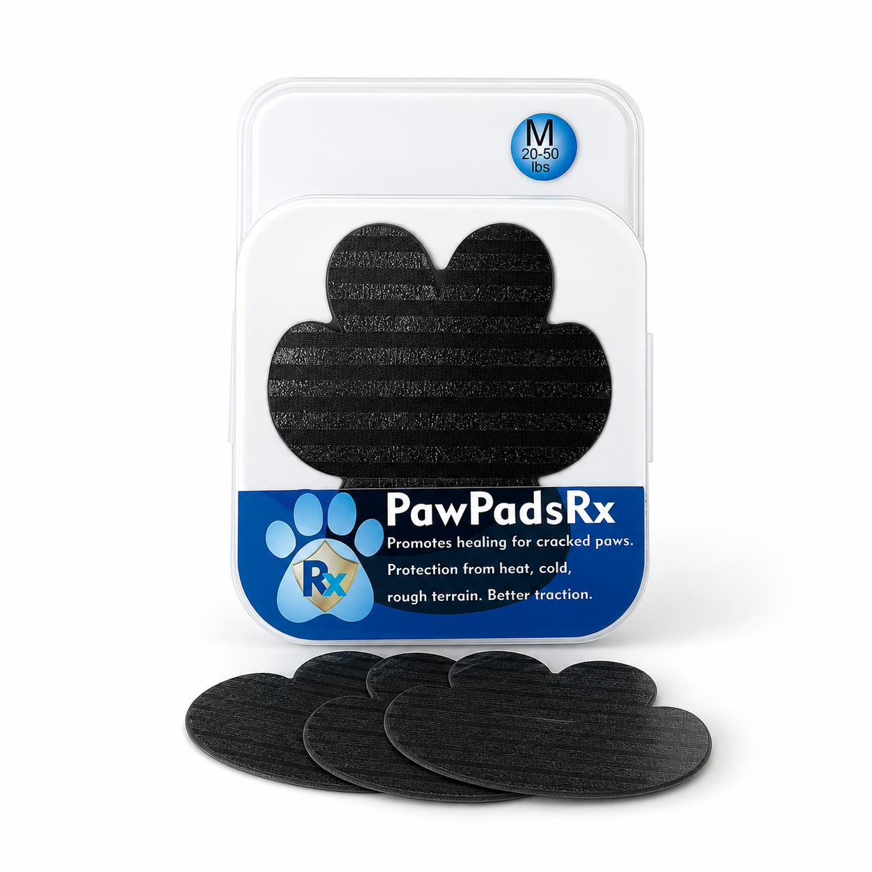 A package of PawPadsRx therapeutic paw pads for dogs, with several black, paw-shaped pads in front.