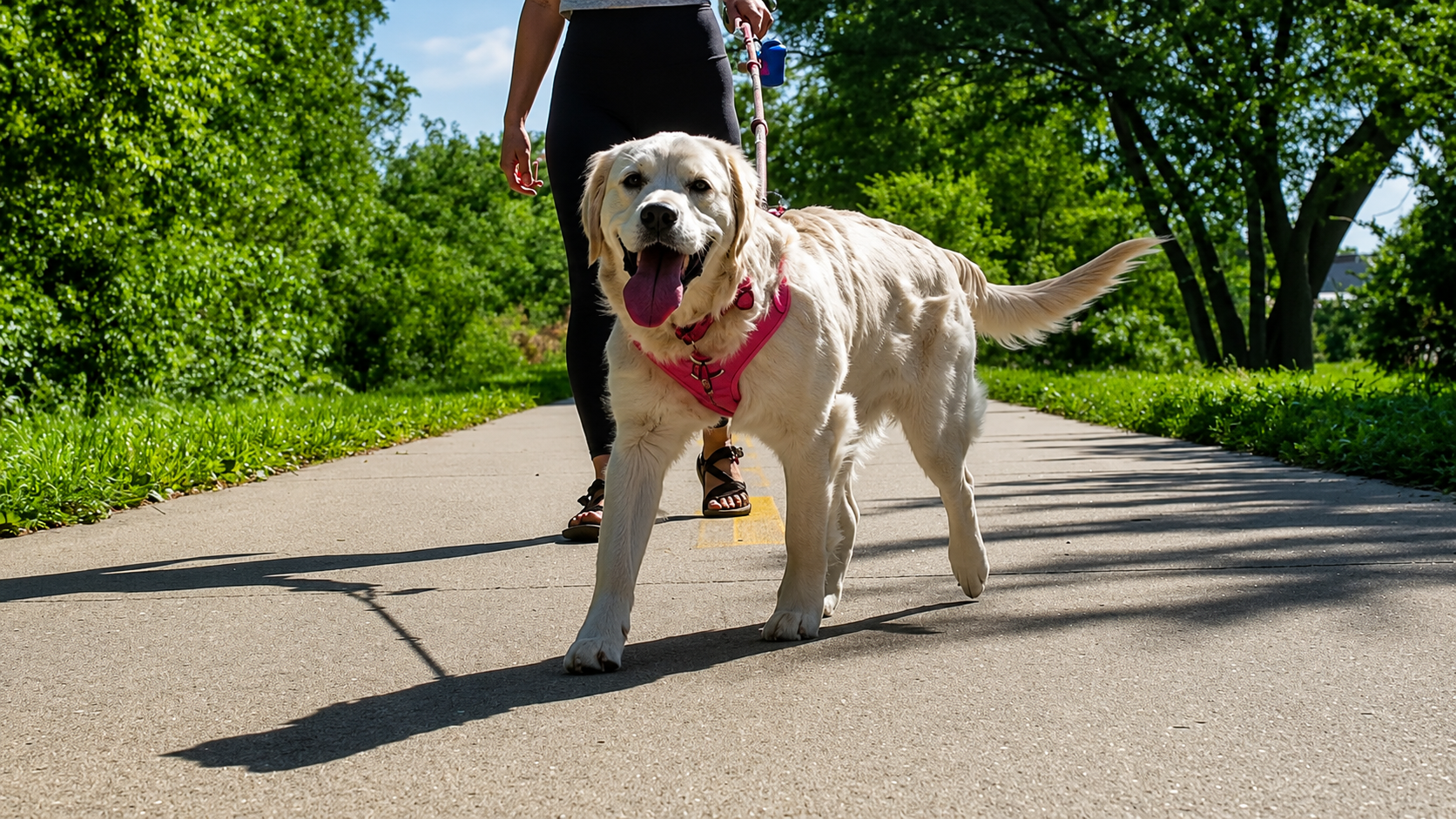 A golden retriever in a pink harness walking on a paved path with a person on a sunny day.