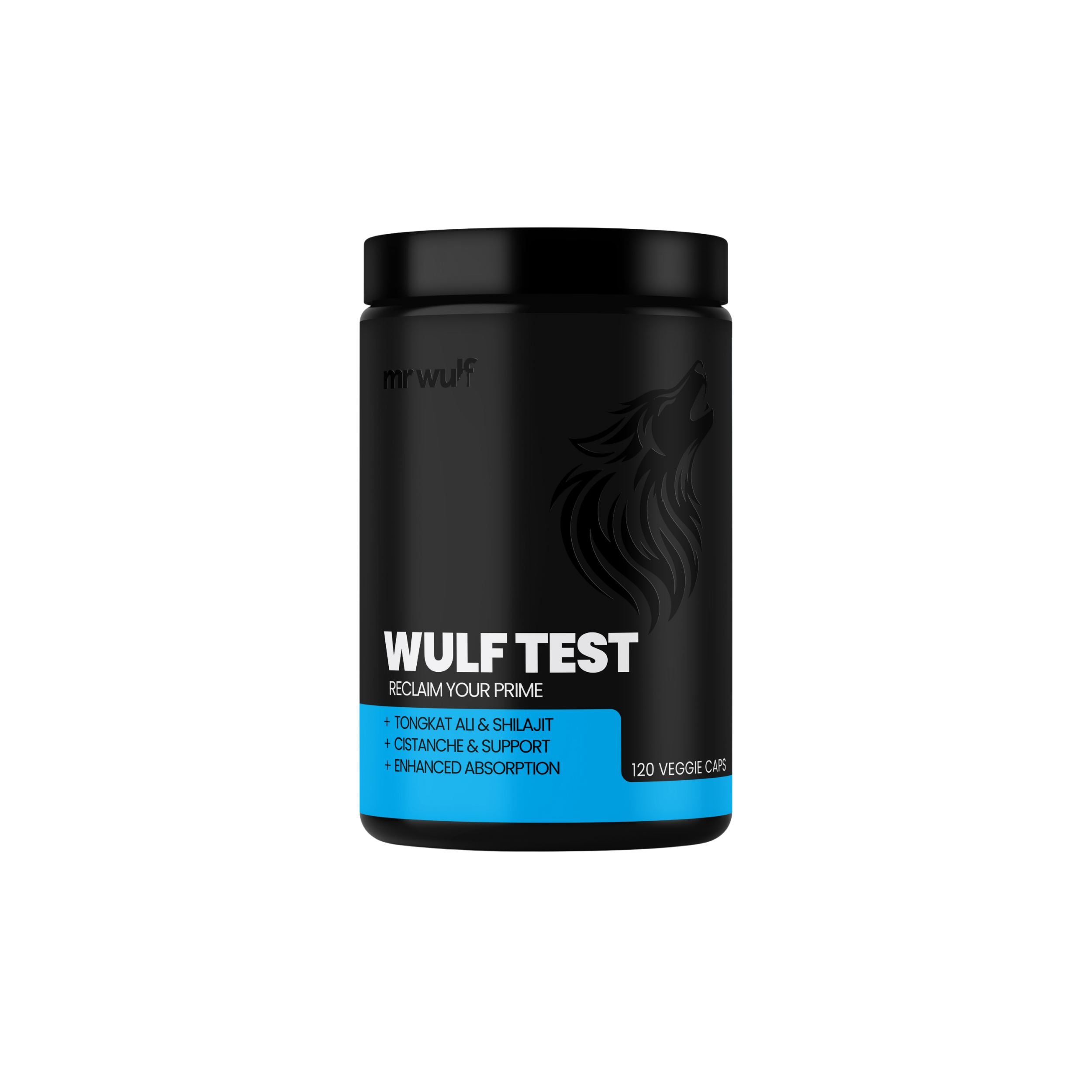 A black bottle of Mr Wulf's 'WULF TEST' supplement against a white background.