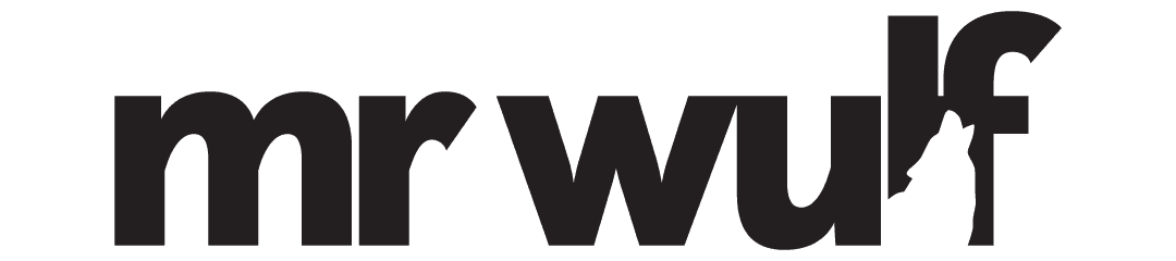 The logo for 'mr wulf' in black, with a silhouette of a howling wolf in the negative space of the letter 'f'.
