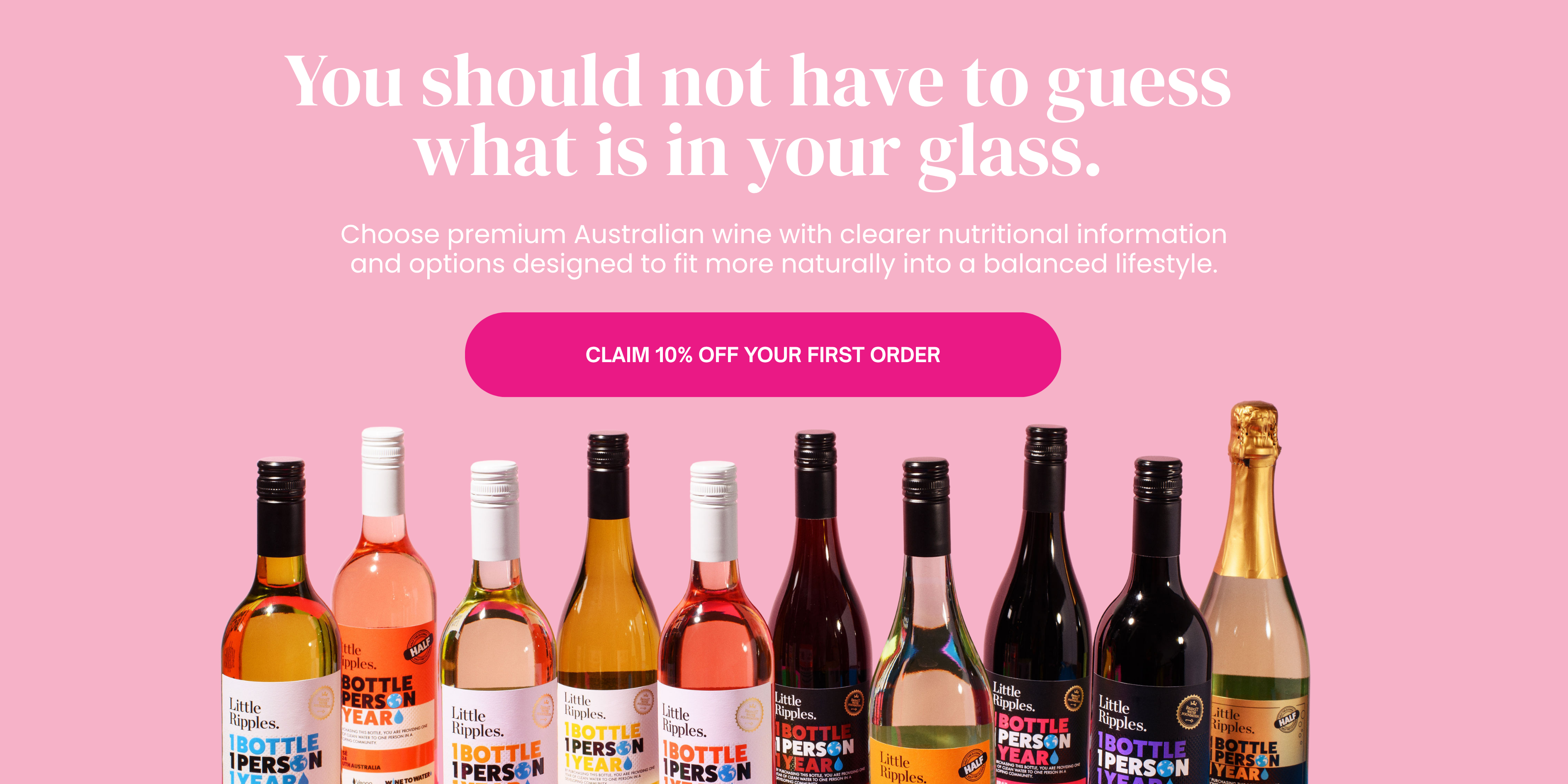 A lineup of different Little Ripples wine bottles on a pink background with promotional text and a button.