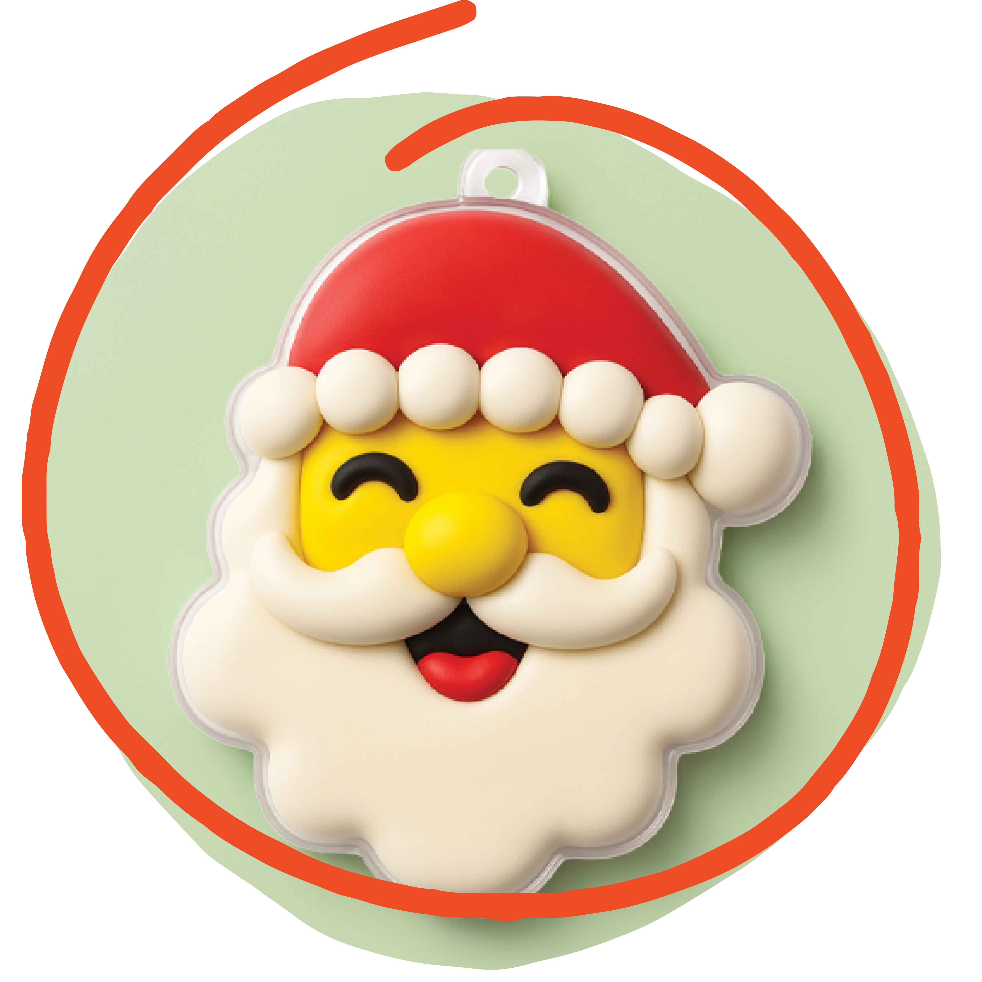 Illustration of a smiling Santa face Christmas ornament with a red hat.