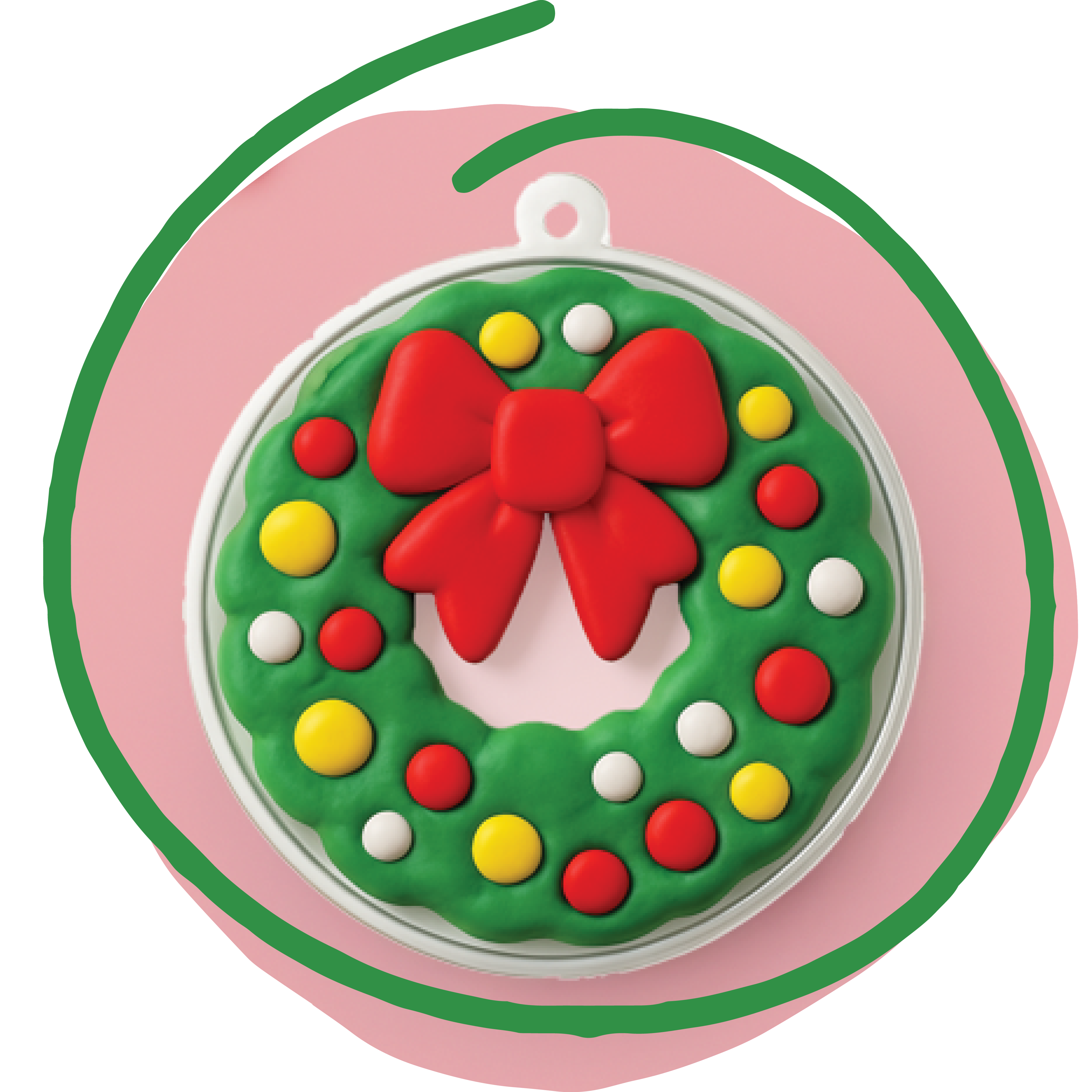Festive ornament of a wreath with red bow and colorful dots on a pink background.