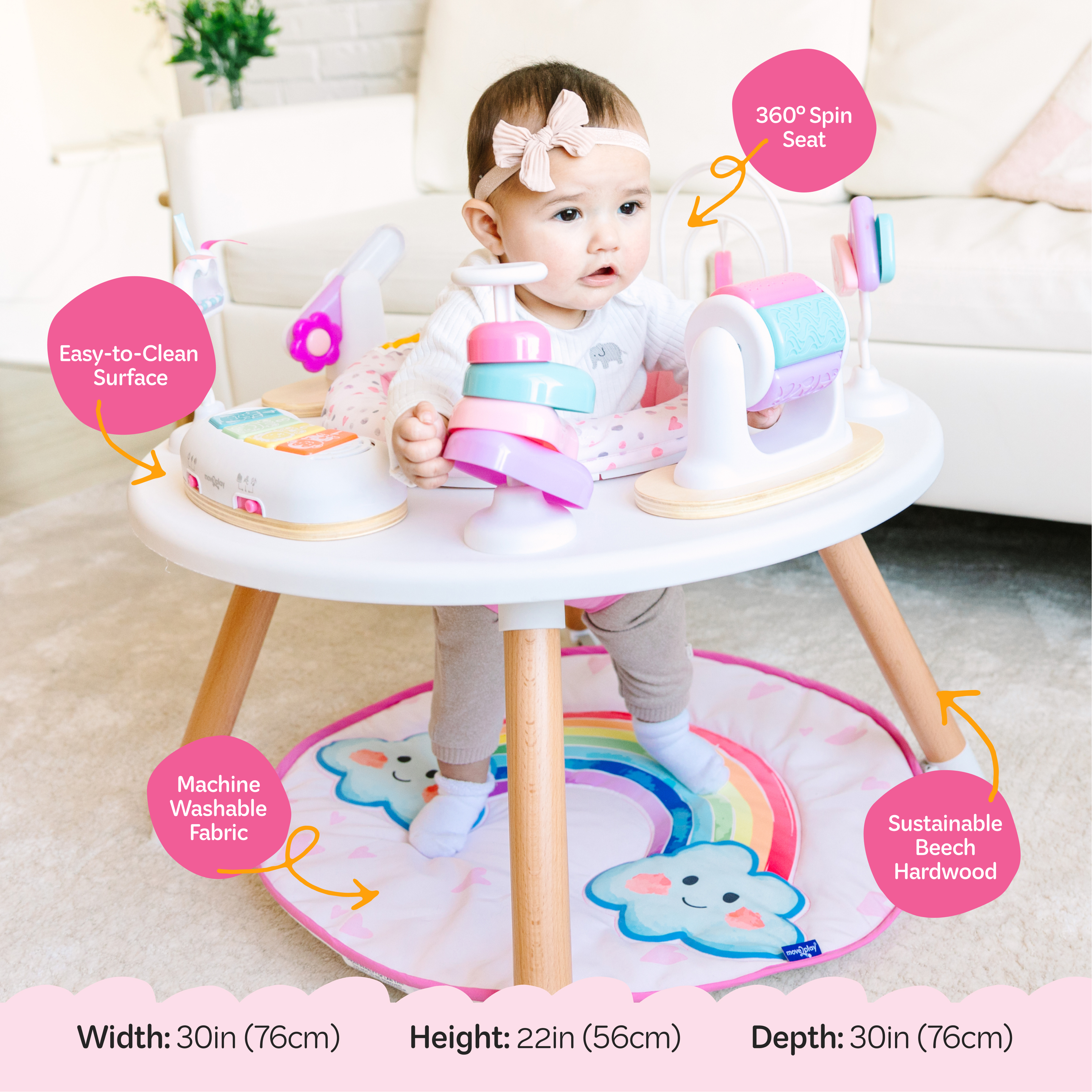 Baby in activity center with toys, pink accents, and labeled features.