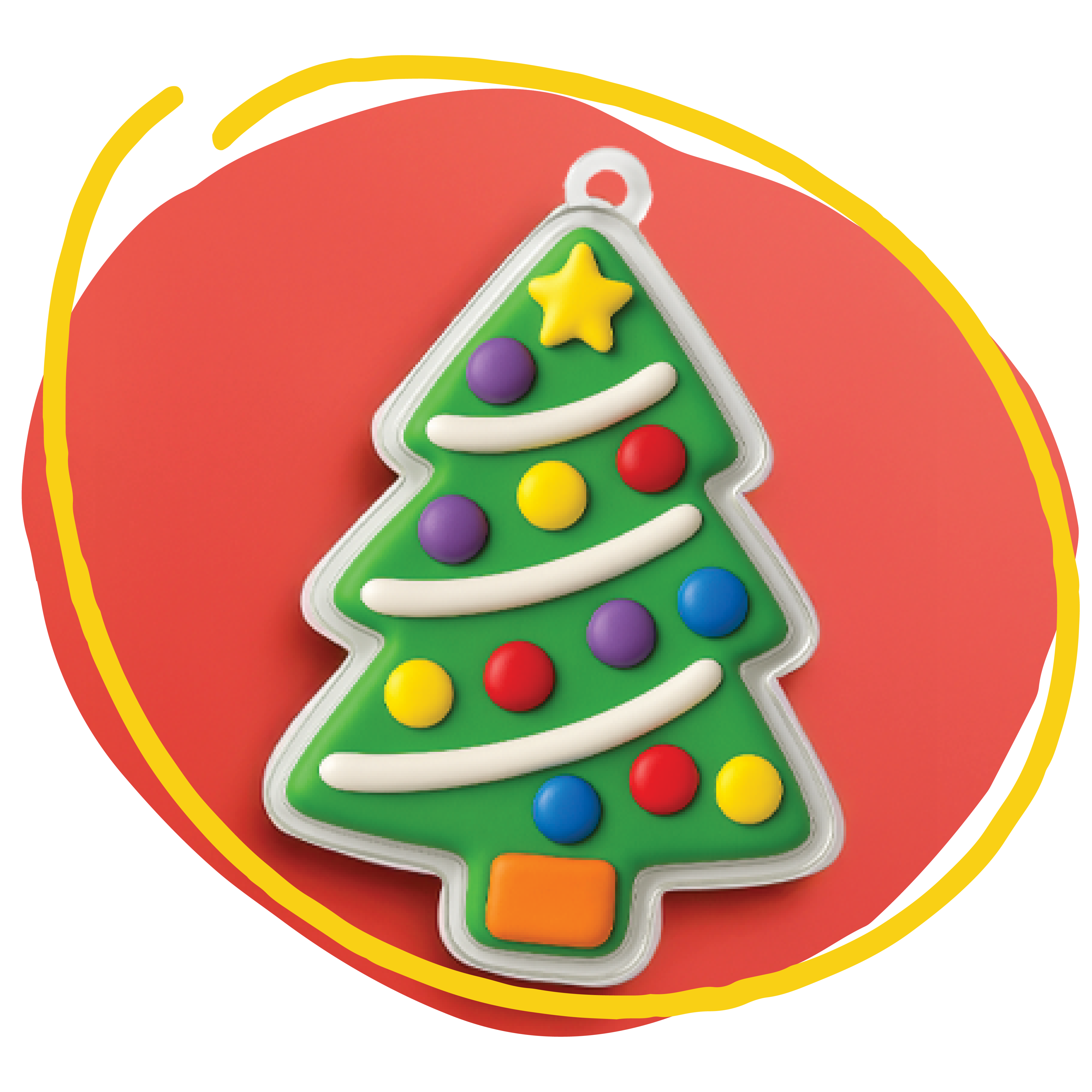 Illustrated Christmas tree ornament with colorful dots and a star on red background.